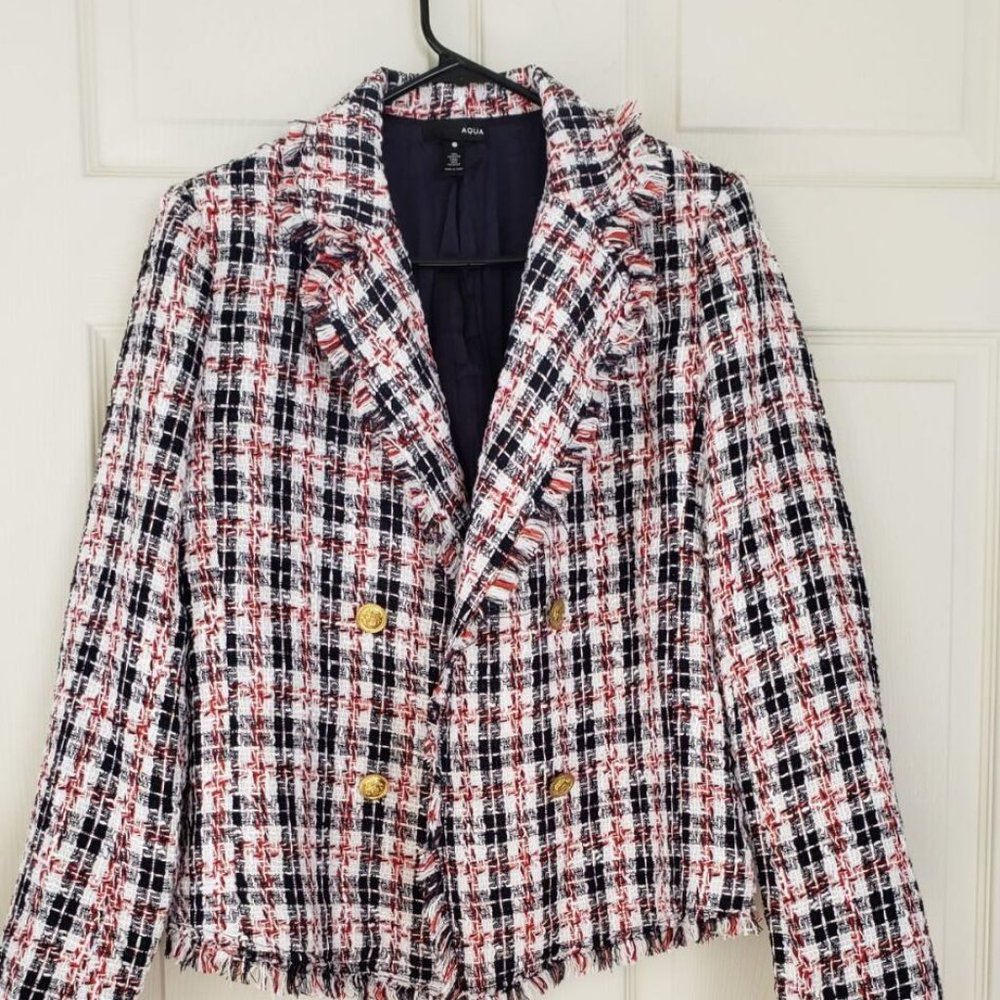 Plaid Tweed Open-front Blazer-100% Exclusive in Navy/white/red size L